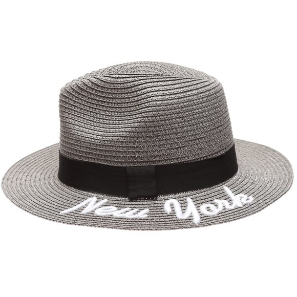 NewYork Embroidered Summer Straw Beach Hat -Gray - Picture 3 of 5